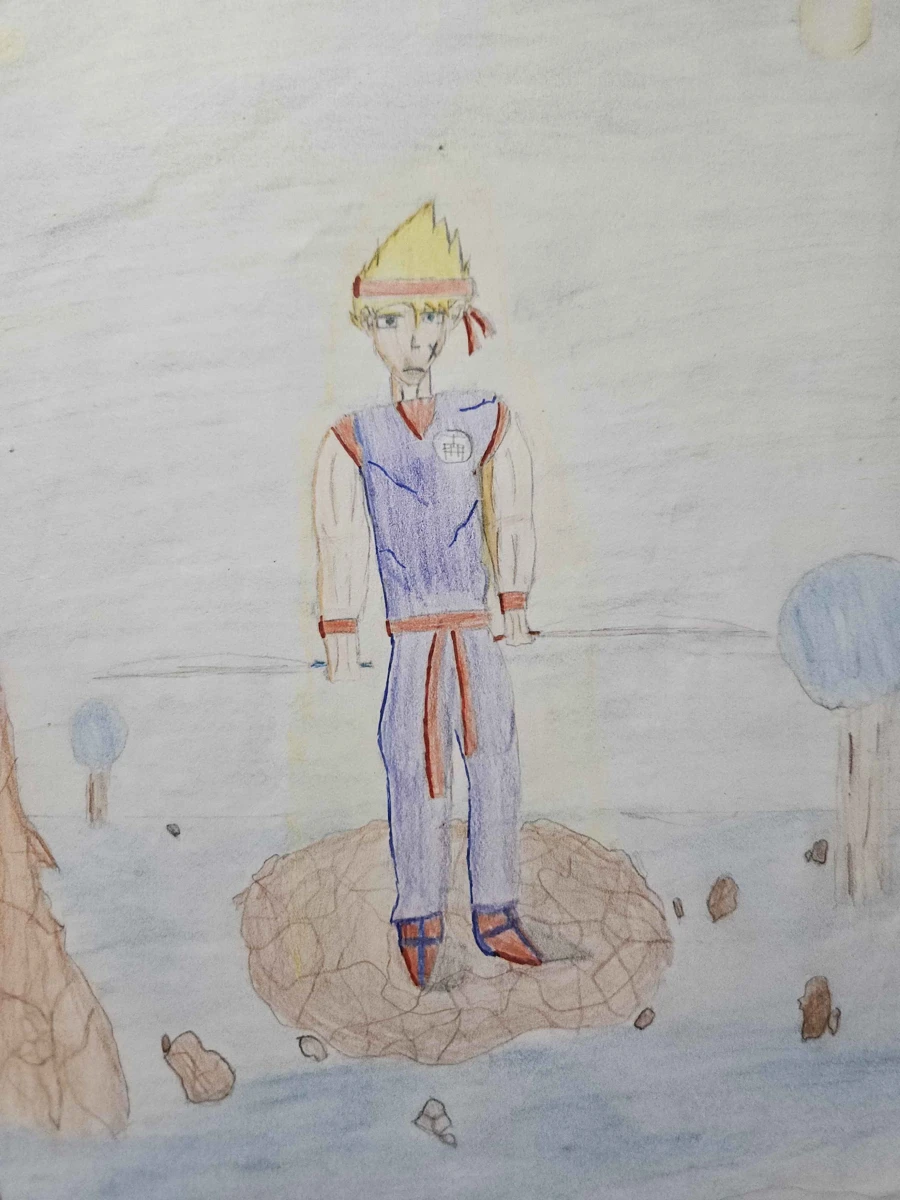 Dessin ancien de Lasry au crayon de couleur : un personnage aux cheveux jaunes dans un paysage.