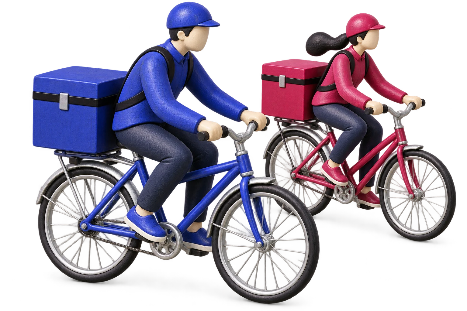 Deux livreurs à vélo, l’un bleu et l’autre rouge-rose, portent des colis dans deux versions du même trajet.