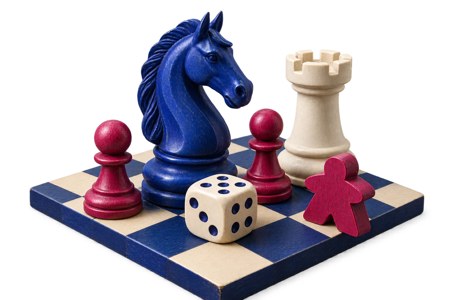Des pièces d’échecs bleues et rouge-rose, un dé et un pion de jeu de société réunis sur un damier.