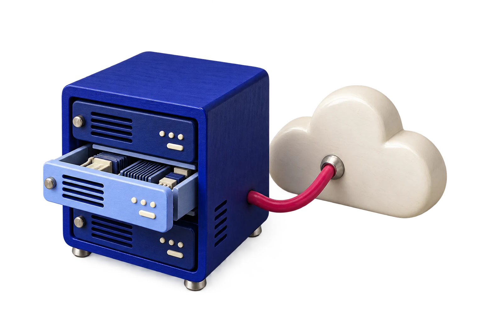 Un serveur bleu relié par un câble rouge-rose à un nuage ivoire, évocation de l’apprentissage du cloud.