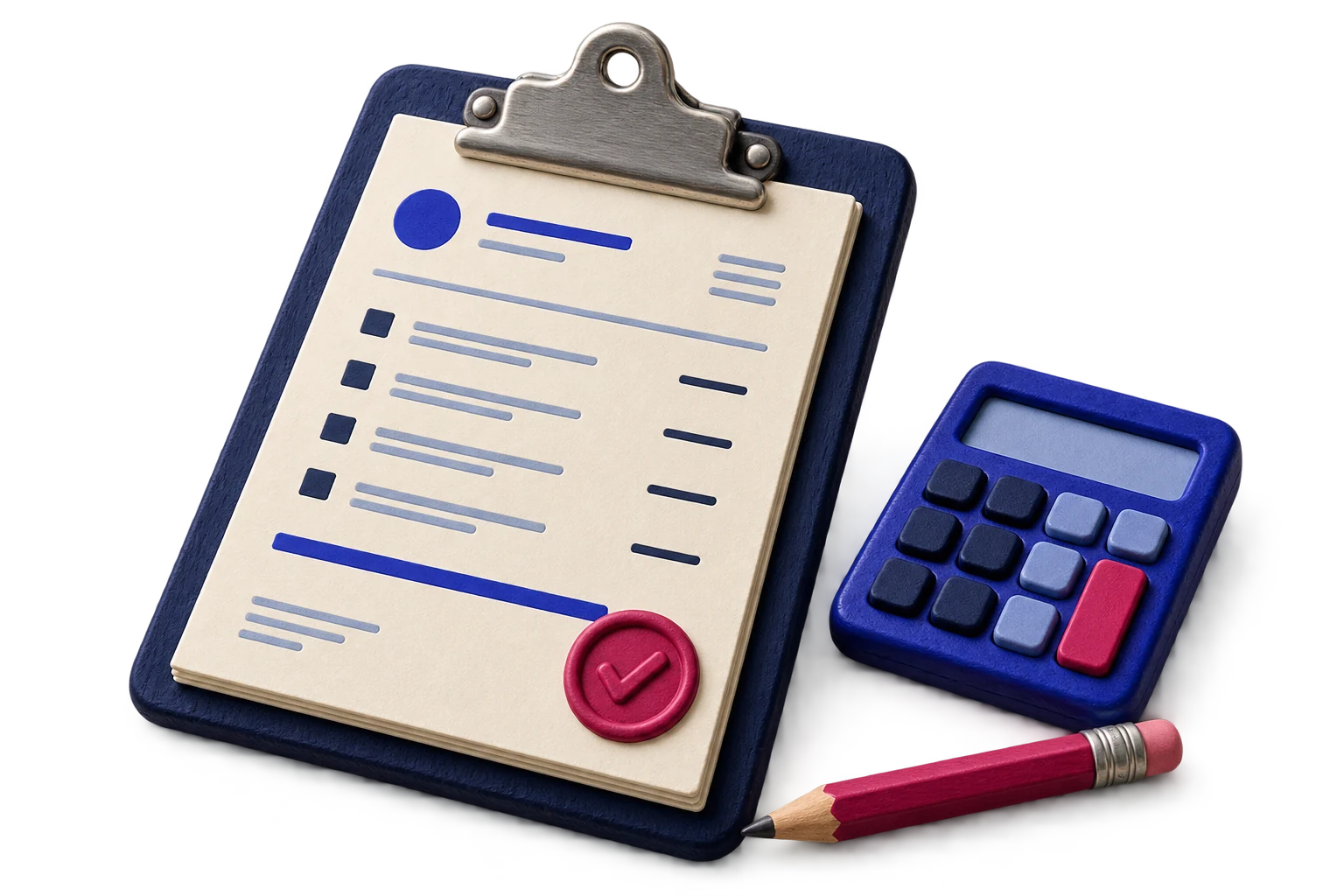 Un devis sur un porte-documents, accompagné d’une calculatrice bleue et d’un crayon rouge-rose.
