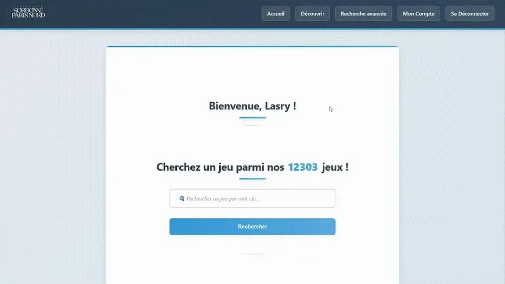 L’application, connectée, propose de chercher un jeu parmi les 12 303 chargés en base.