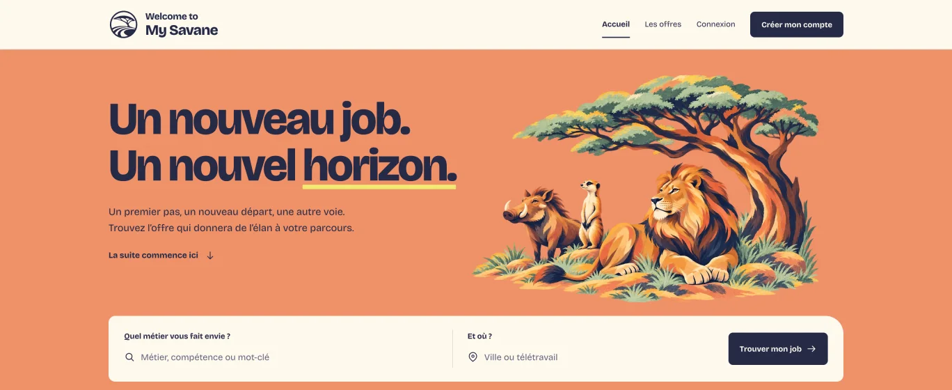 Capture réelle de l’accueil de Welcome To My Savane, avec sa recherche d’offres, son illustration de savane et son fond corail.